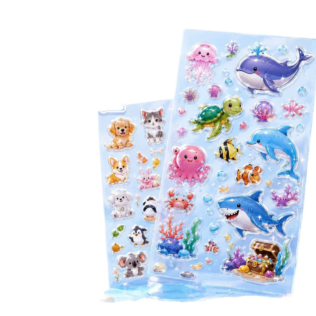 Ejemplos de hojas de pegatinas blíster personalizadas en relieve con temática marina