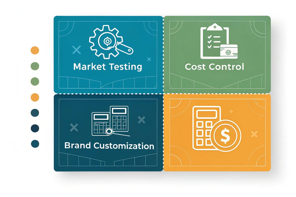 The Strategic Advantages of Low MOQ for Small Businesses Infographic showing low MOQ benefits for SMEs, including market testing