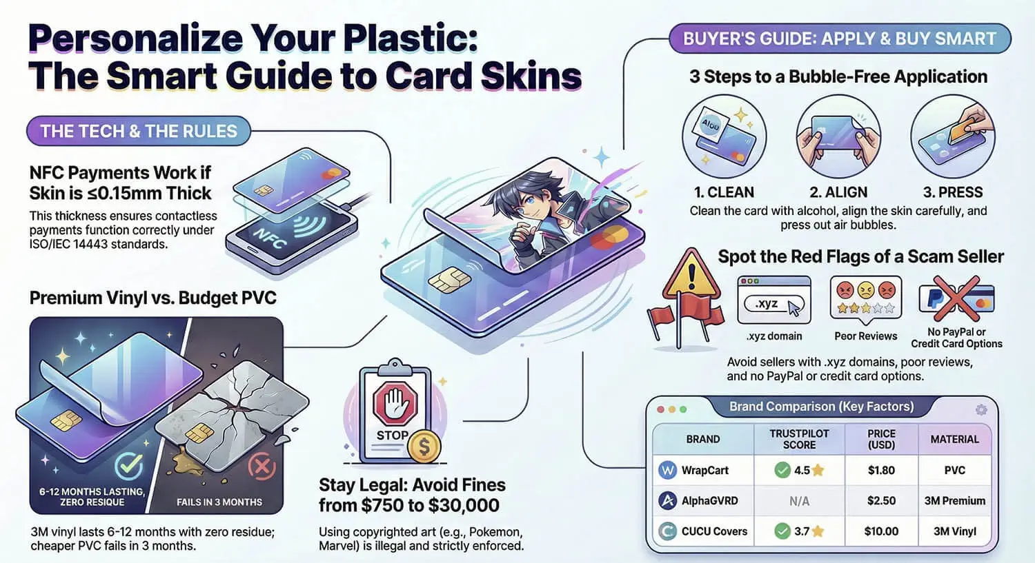 Infografía Guía Inteligente de Calcomanías para Tarjetas - estilos de calcomanías de tarjeta de crédito anime, pasos de aplicación y guía de compatibilidad NFC
