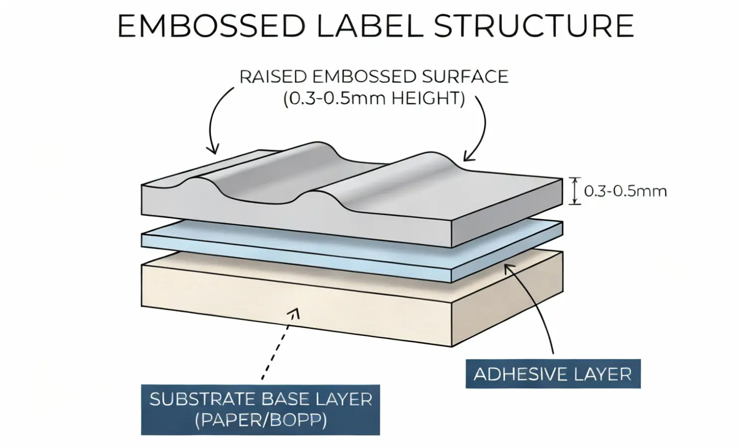 Estructura de etiqueta en relieve personalizada para el branding de productos de lujo Sección transversal de etiqueta en relieve que muestra la textura de superficie elevada en packaging premium