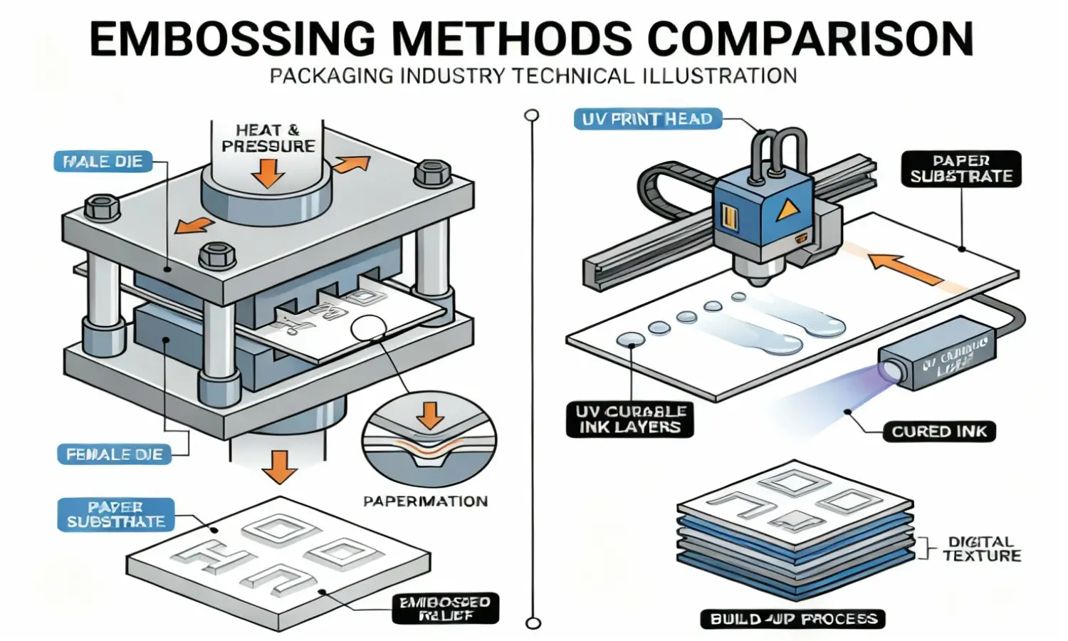 Dos métodos principales para crear efectos de etiqueta en relieve Diagrama comparativo de embossing mecánico frente a embossing digital UV