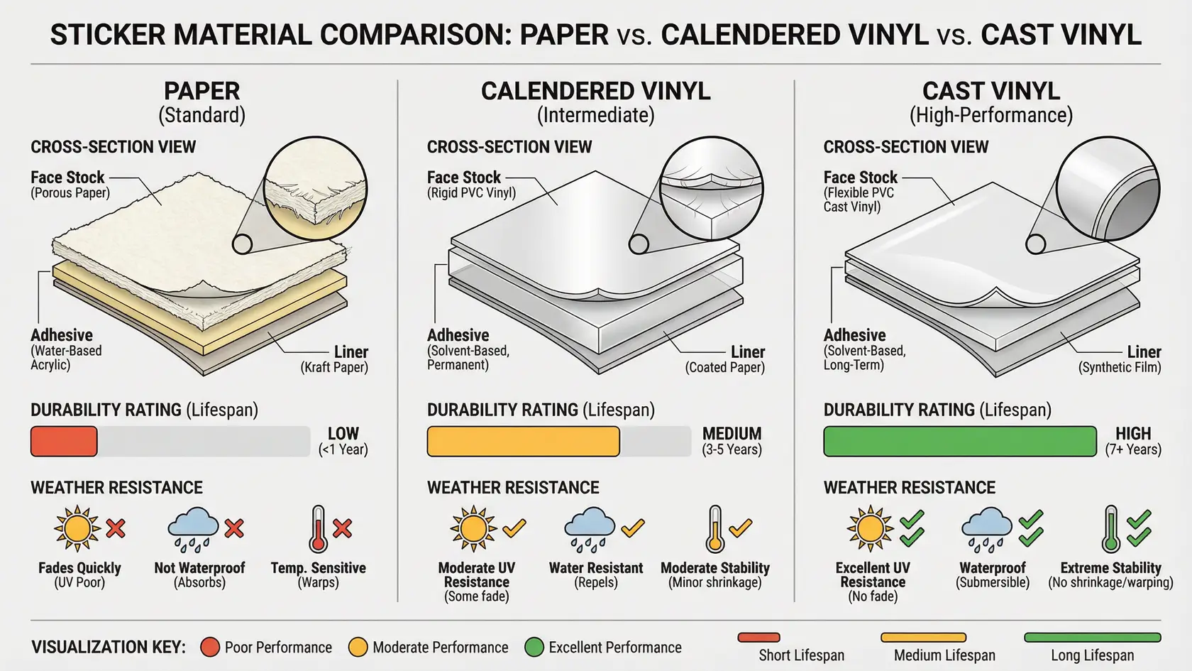 Comparación de materiales de pegatinas de vinilo, papel y especiales con calificaciones de durabilidad