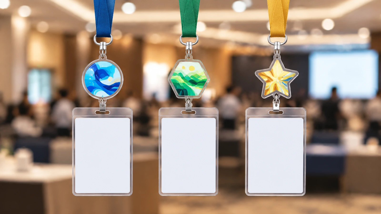 Tres cordones de evento uno junto a otro, cada uno con un colgante de acrílico de forma y color distintos para indicar los niveles de los asistentes