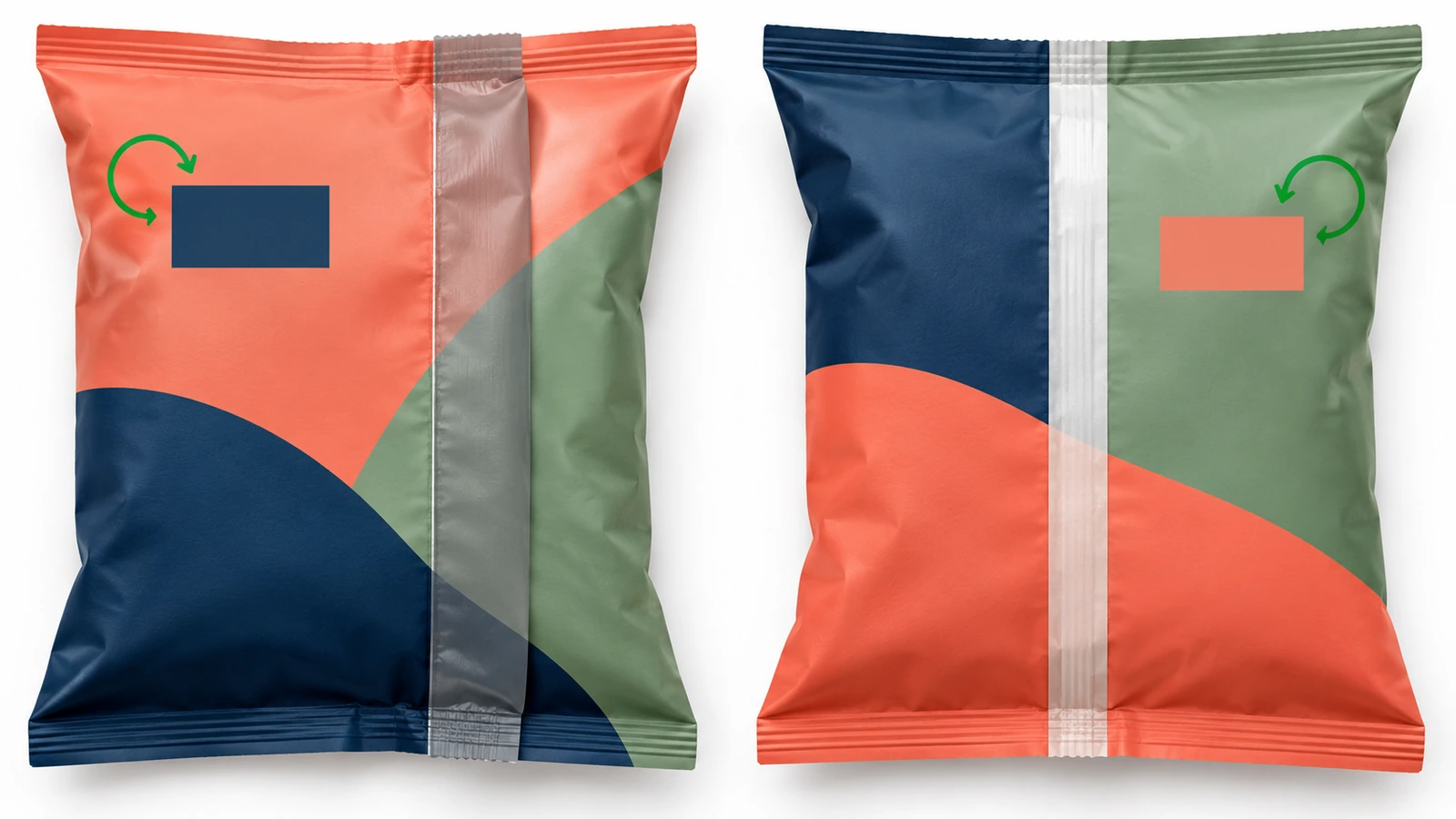 Vista posterior de dos bolsas tipo almohada que compara un sello de aleta plegado con un solape plano de sello solapado y las zonas de arte que oculta cada una