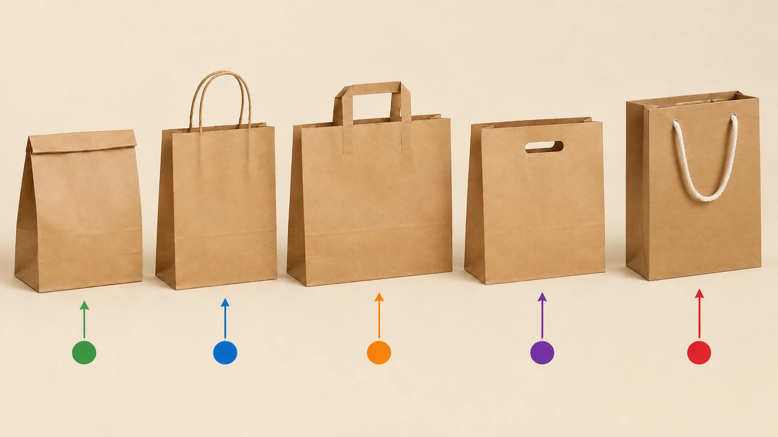 Siluetas de bolsas de papel de fondo plano, con asa retorcida, con asa plana y con asa de cuerda comparadas una junto a otra