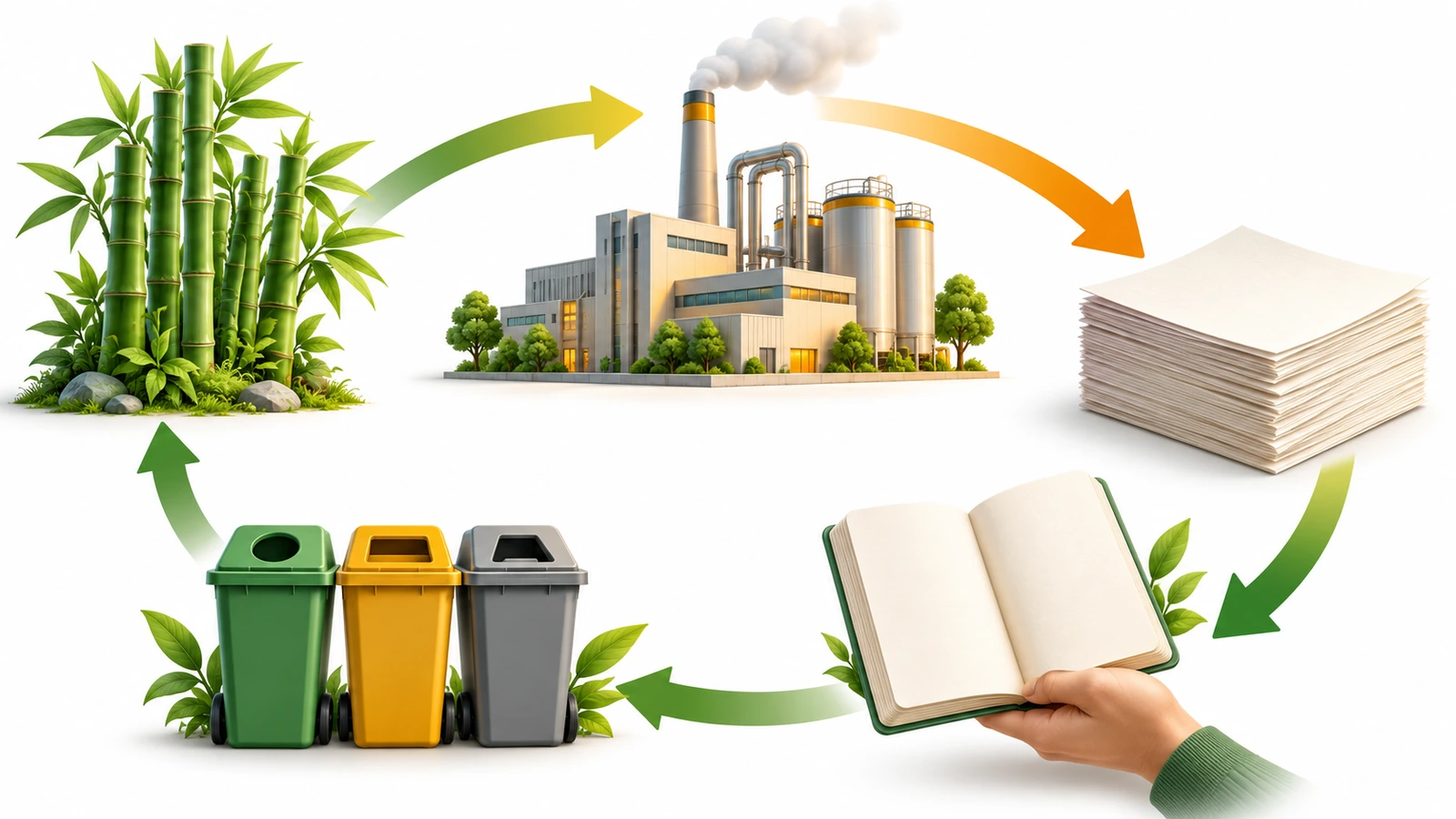 Ciclo de vida de un cuaderno de bambú, desde una plantación gestionada de bambú hasta el procesado, el papel, el uso y el fin de vida útil, que muestra dónde aumenta y dónde disminuye el impacto ambiental