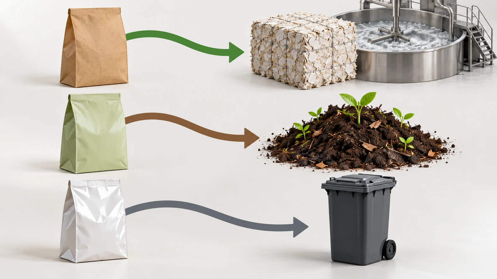 Ilustración de tres bolsas de papel para alimentos que siguen flechas distintas hacia un flujo de reciclaje de papel, una planta de compostaje industrial y un contenedor de residuos no reciclables, que muestra cómo la elección de la barrera condiciona las vías de fin de vida