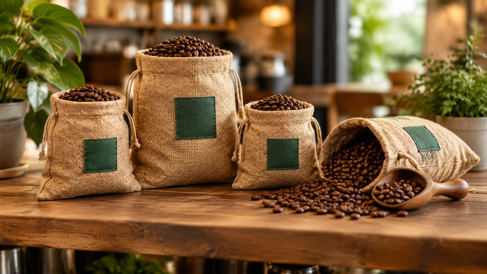 Pequeños sacos de yute natural con cordón corredizo llenos de granos de café tostado, dispuestos en un estante rústico de madera de una tienda