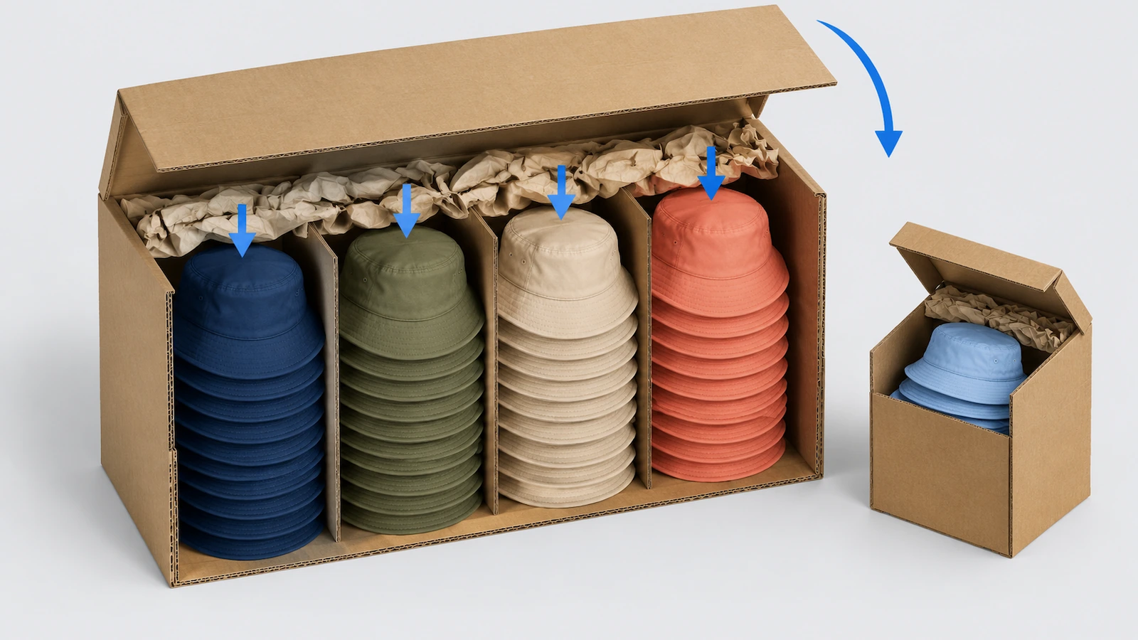 Ilustración en corte de una caja de envío con pilas verticales de gorros de pescador encajados y separados por color, con flechas que indican el sentido del apilado y el relleno de huecos