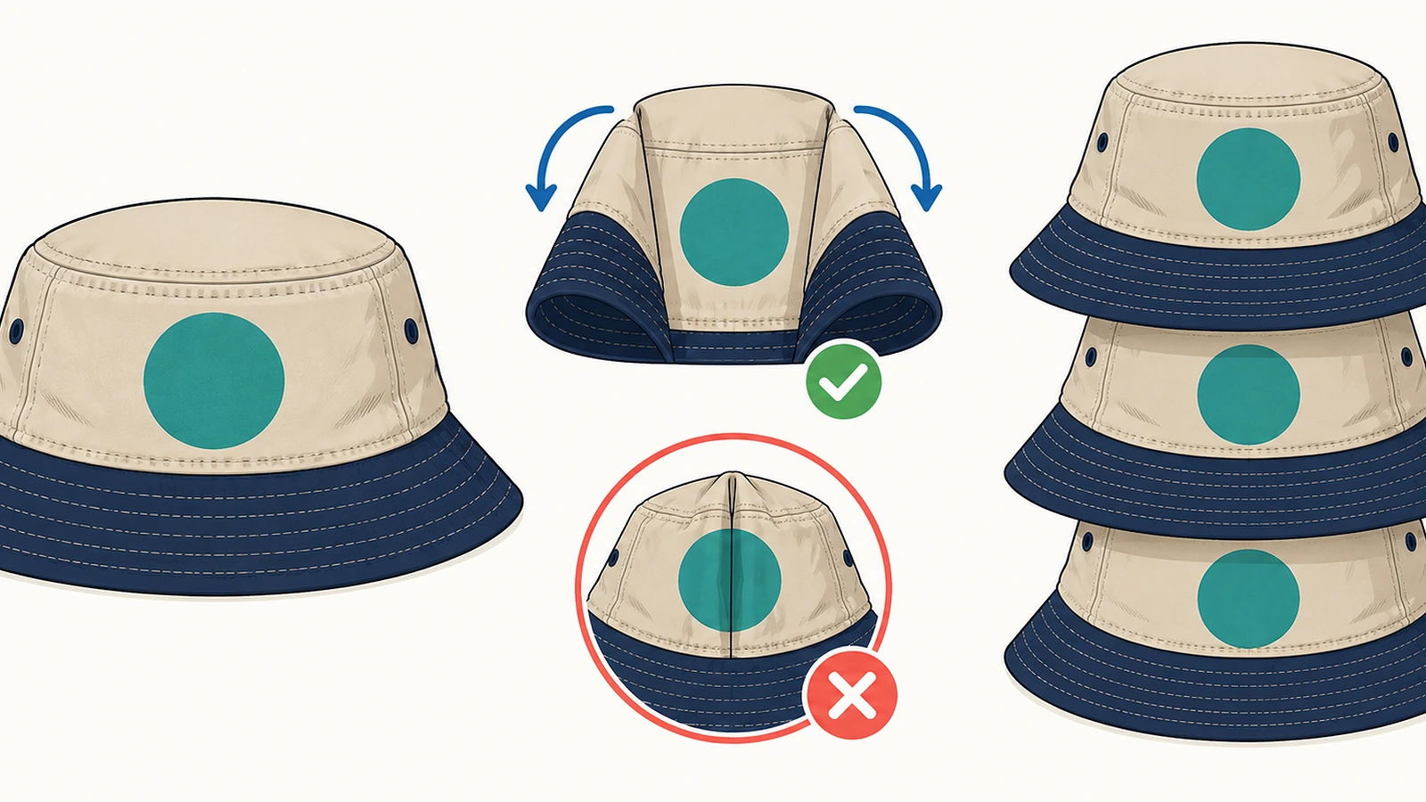 Diagrama de tres métodos de embalaje de gorros de pescador: en plano, plegado por las costuras laterales con el panel frontal liso y encajados copa dentro de copa, con flechas que indican el sentido del pliegue