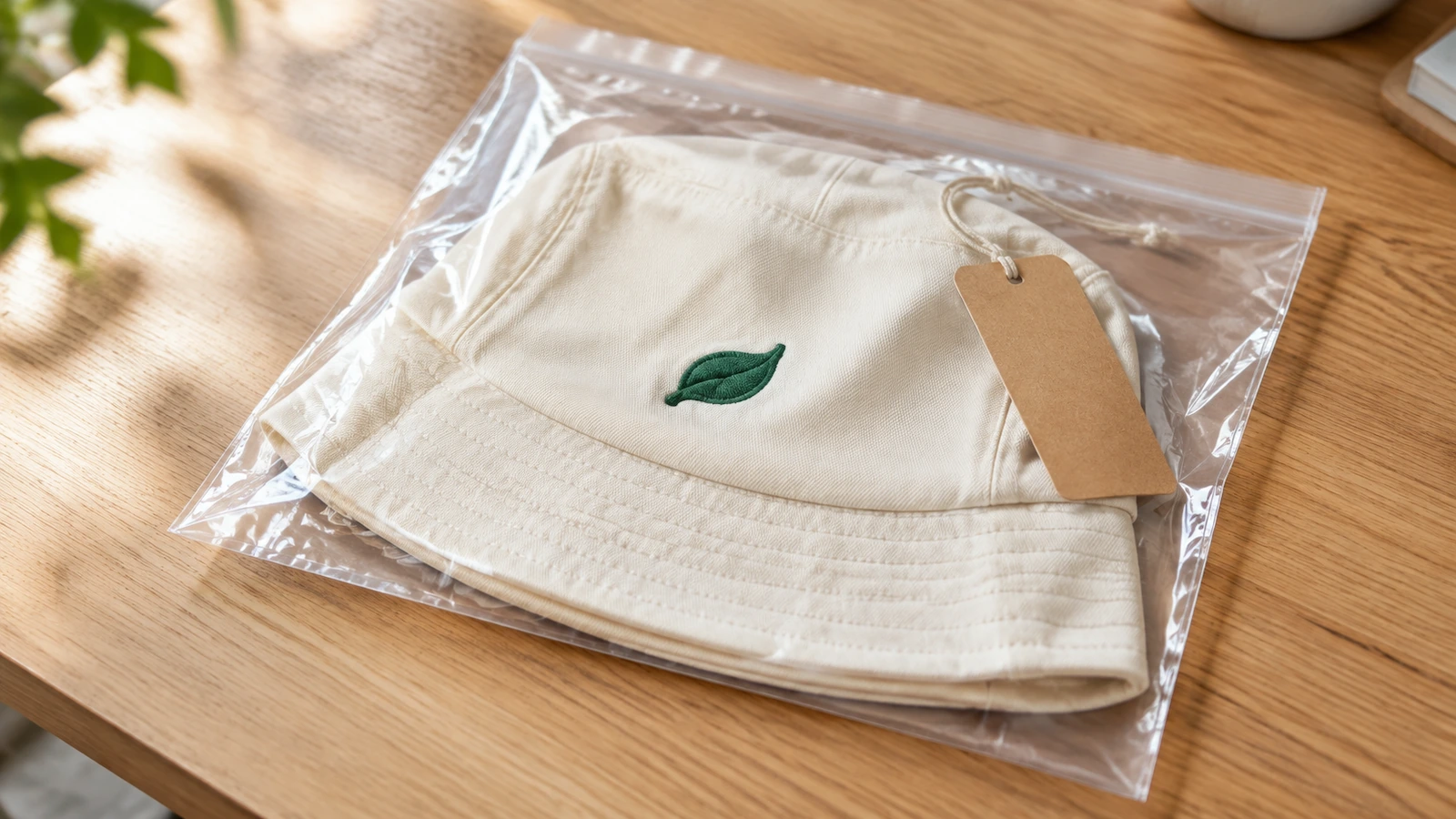 Gorro de pescador con pliegue lateral dentro de una bolsa de polietileno transparente, con una etiqueta colgante kraft en blanco sujeta a la badana mediante un lazo de cordel