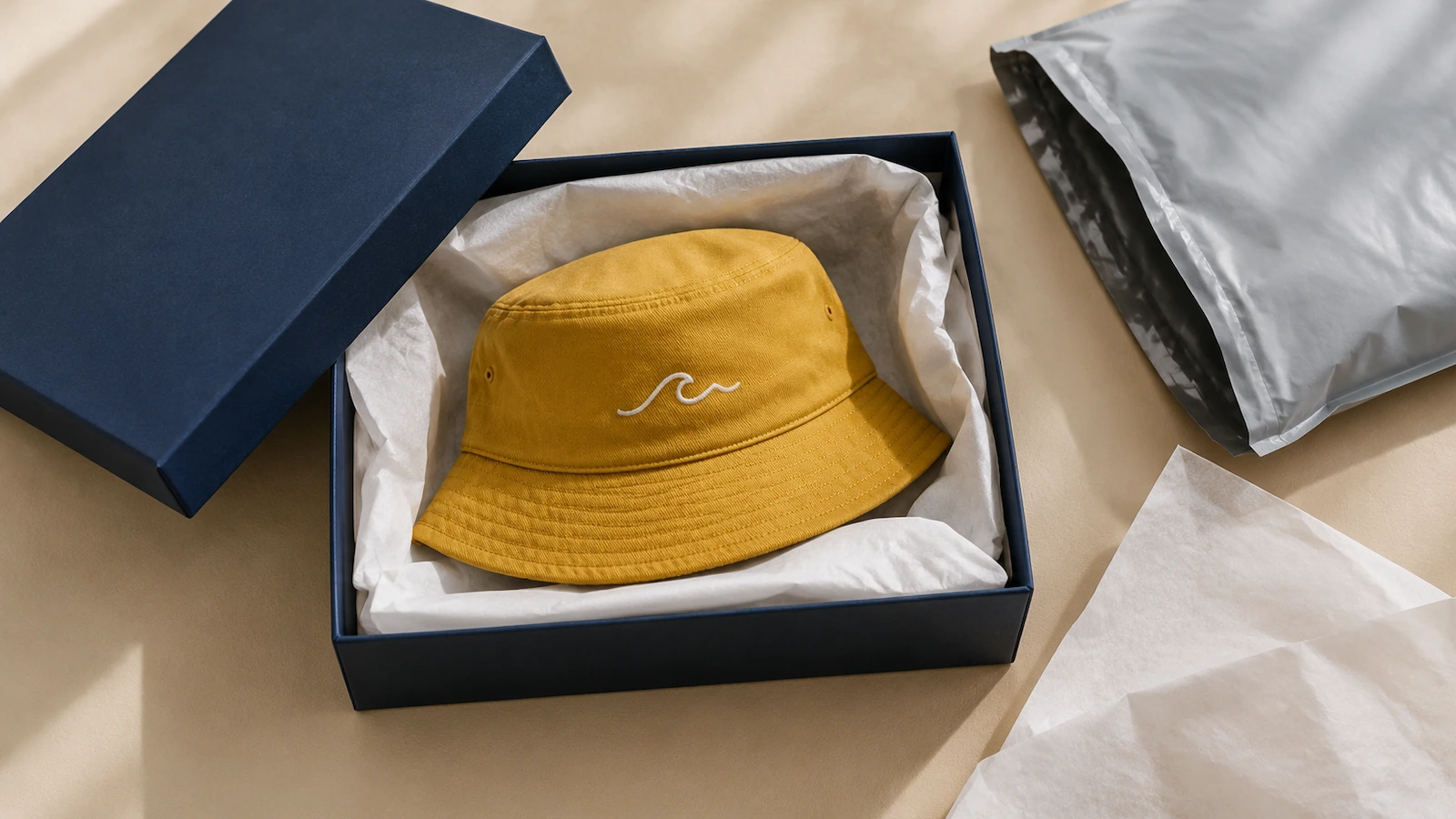 Gorro de pescador plegado sobre papel de seda dentro de una caja de regalo rígida abierta, junto a un sobre acolchado, sobre un fondo de estudio neutro