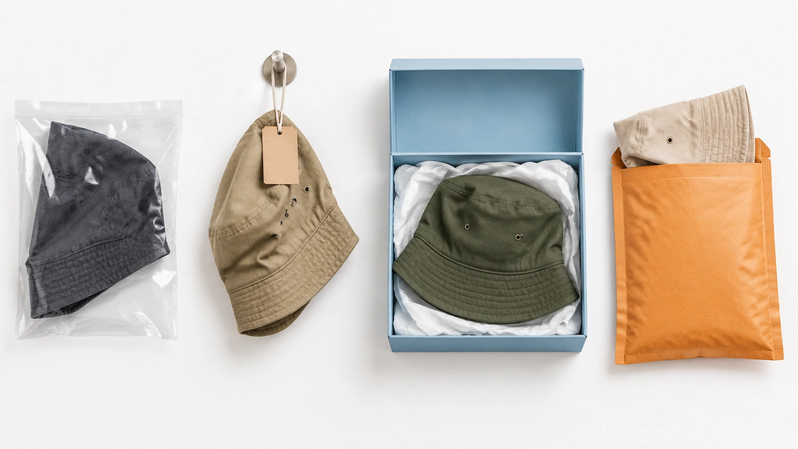 Cuatro formatos de embalaje de gorros de pescador, uno junto a otro: un gorro en una bolsa de polietileno transparente, un gorro con una etiqueta colgante en blanco sobre una clavija, un gorro en una caja de marca abierta con papel de seda y un gorro plegado en un sobre acolchado