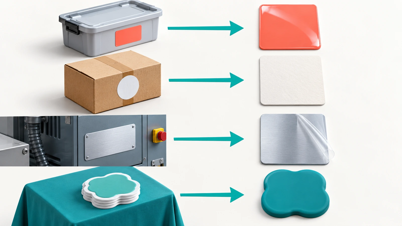 Cuatro aplicaciones de pegatinas para empresas representadas con iconos: un producto con marca, una caja de envío precintada, una máquina industrial etiquetada y una mesa de regalos, cada una conectada con flechas a una muestra de material de pegatina distinta