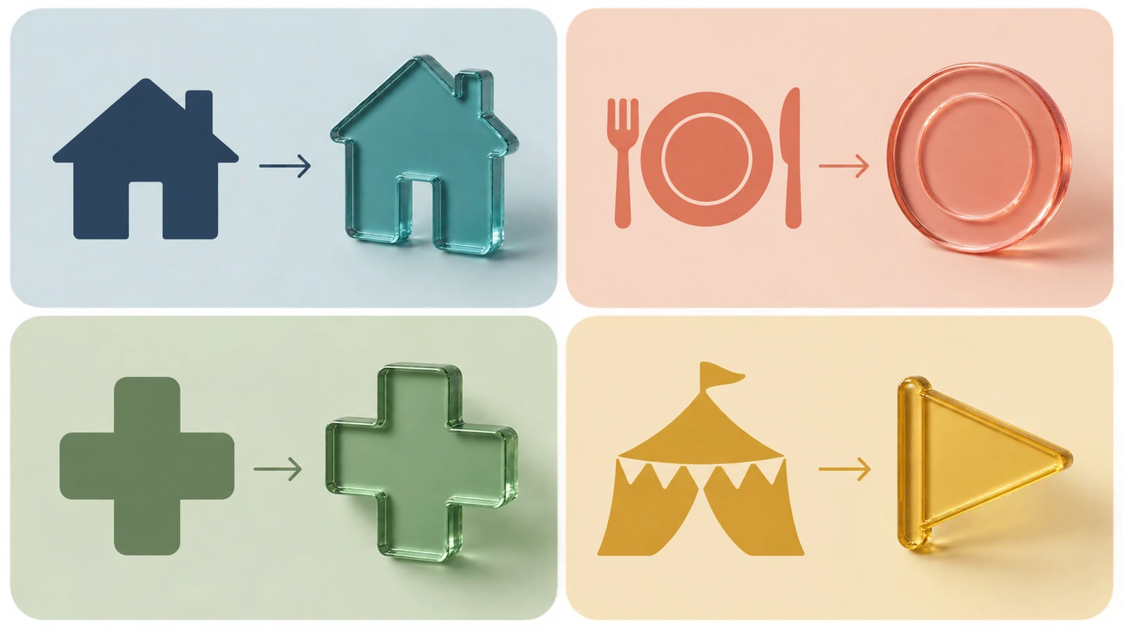 Ilustración de 4 paneles que combina una casa, un plato con cubiertos, una cruz médica y una carpa de eventos con formas de imán de colores a juego para mostrar distintos objetivos de campaña