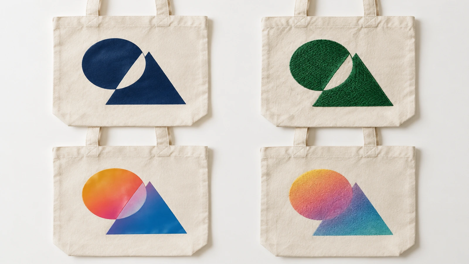 Cuatro bolsas tote de lona natural que comparan un bloque plano serigrafiado, un bordado en relieve, una transferencia térmica brillante y una impresión directa suave a todo color