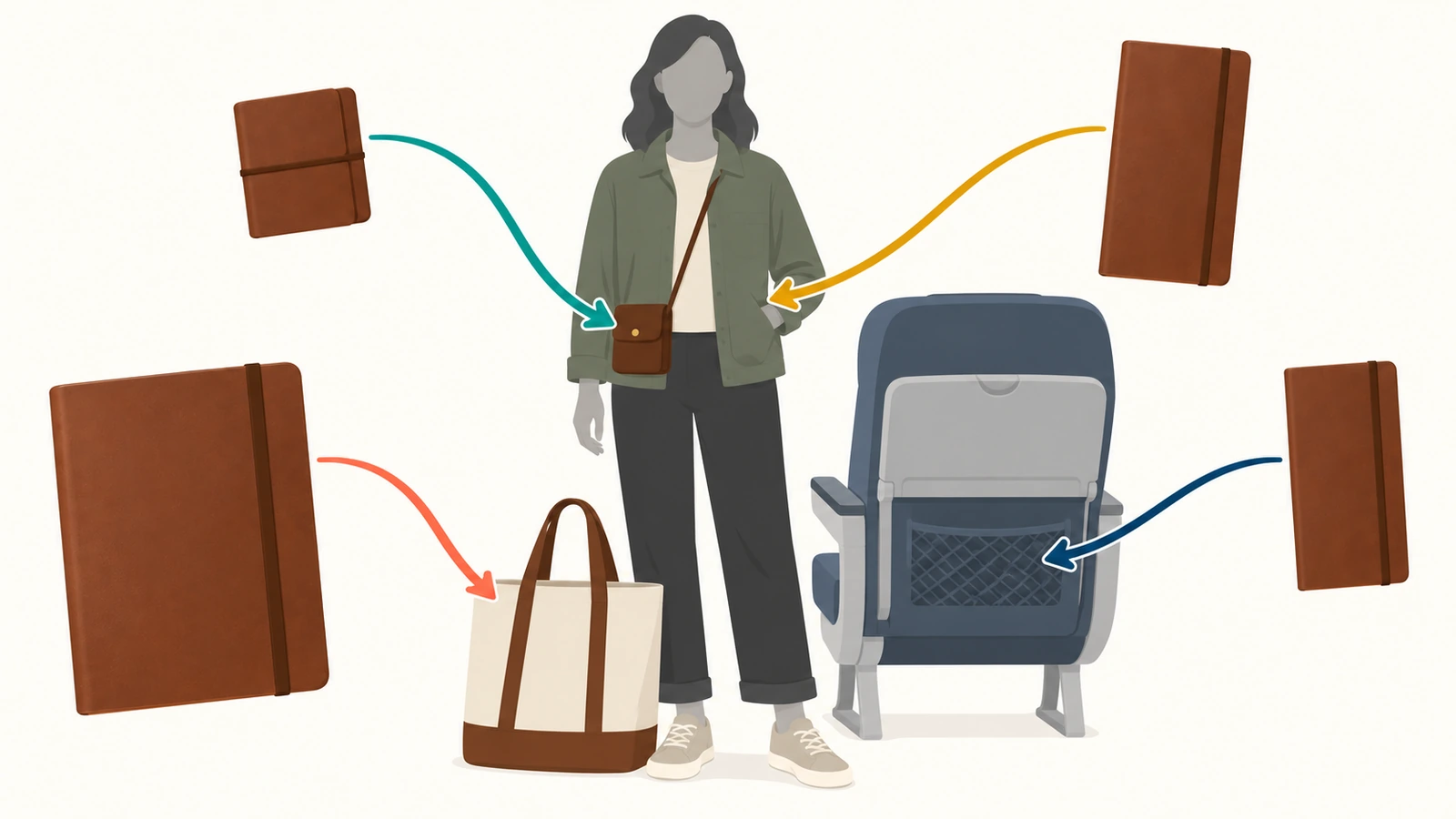 Ilustración de la silueta de un viajero con flechas de colores que relacionan distintos tamaños de diario con el bolsillo de una chaqueta, un bolso bandolera, el bolsillo del respaldo de un asiento y una bolsa de tela