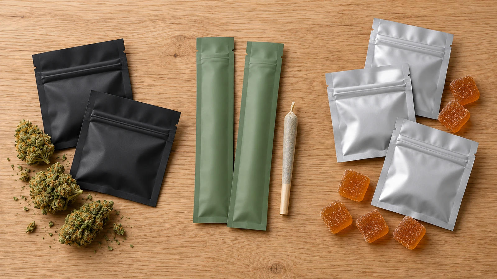 Tres grupos de bolsas Mylar planas mate clasificadas por línea de producto: muestras de flor, pre-rolls individuales y gominolas dosificadas individualmente