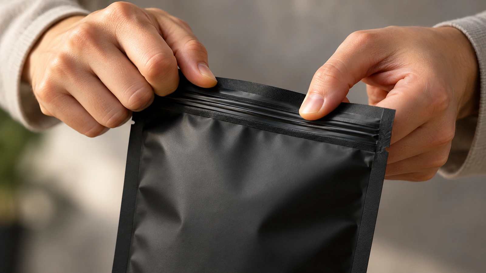 Primer plano de manos de adulto presionando y pellizcando un cierre zip resistente a niños en una bolsa plana negra mate