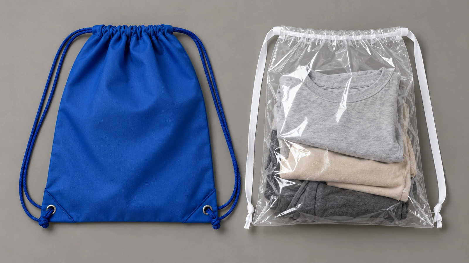 Una mochila de cordones de poliéster azul con cordones para los hombros junto a una bolsa de cordón de película de PE transparente con cinta de cierre, colocadas planas sobre una superficie neutra