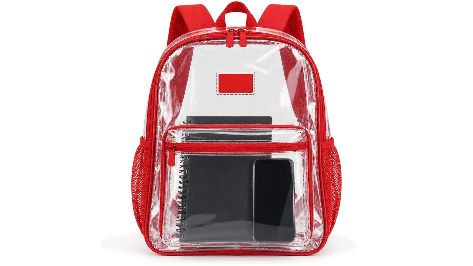 Vista frontal de una mochila de PVC transparente con un pequeño rectángulo de color sólido que marca una única zona para el logotipo en 1 lado, y correas y ribete de color que llevan el color de marca mientras el cuerpo permanece transparente