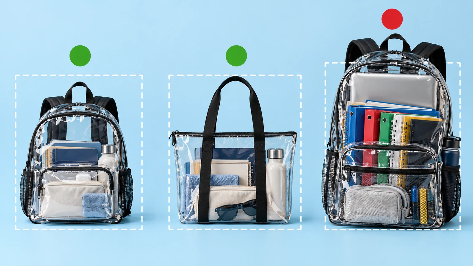 Tres formatos de bolsa transparente uno al lado del otro: una mochila transparente compacta, un bolso tote transparente y una mochila escolar transparente grande, con indicadores circulares verdes y rojos que muestran cuáles caben dentro de un contorno discontinuo de tamaño de estadio