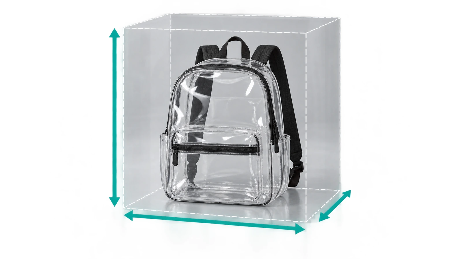 Mochila de PVC transparente colocada dentro de un cuboide transparente con borde discontinuo que representa el límite de tamaño de estadio de __dl__ por __dm__ por __dn__ pulgadas, con flechas a lo largo de la altura, la anchura y la profundidad
