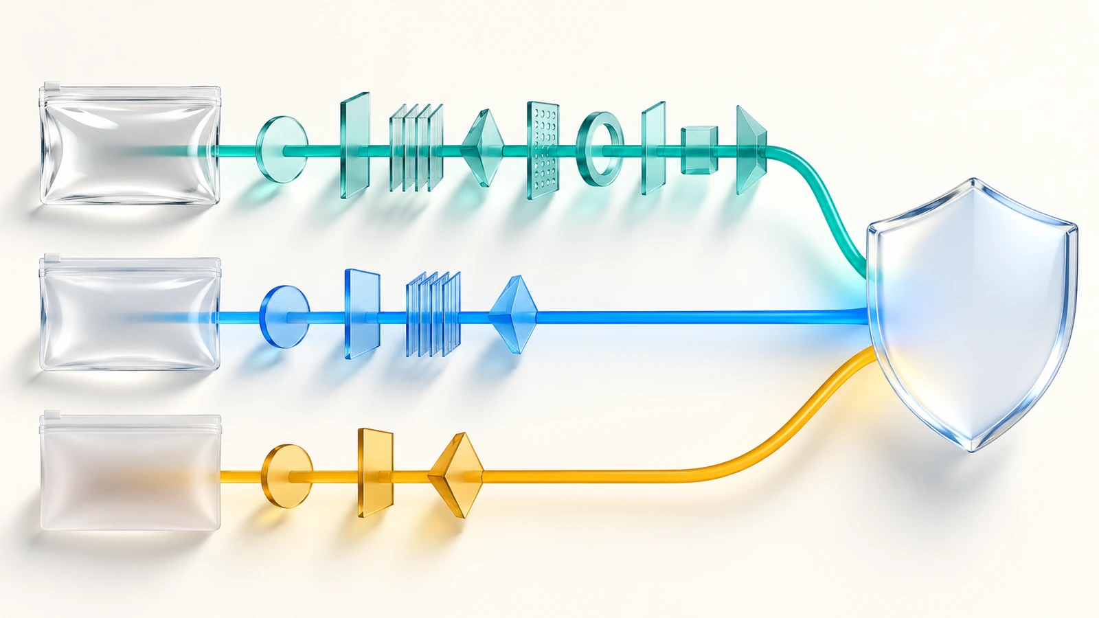 Diagrama abstracto de tres iconos de película transparente, cada uno ramificándose a través de puertas de control distintas hacia una forma de escudo, que muestra que cada material enfrenta una ruta de cumplimiento diferente