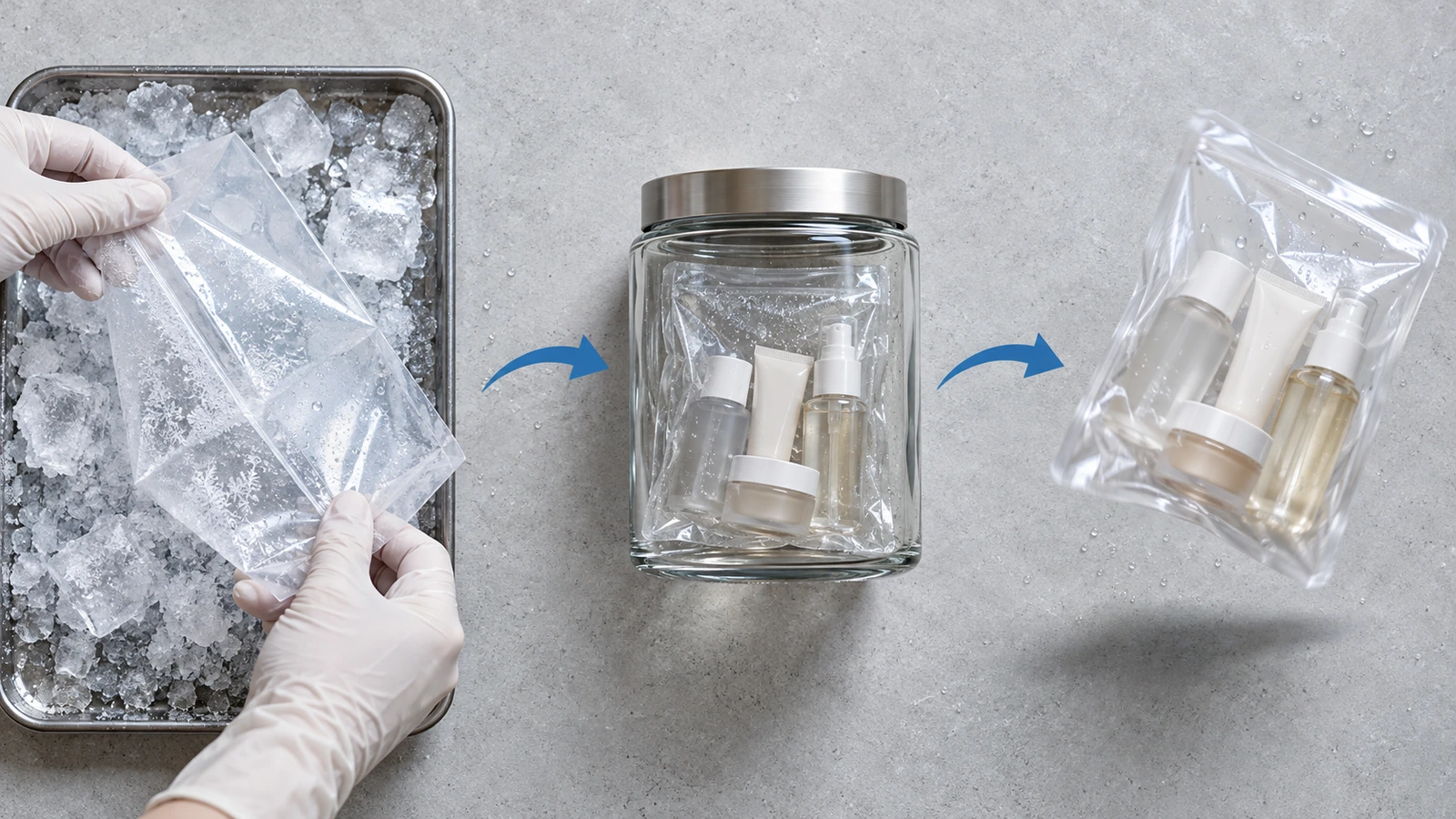 Vista cenital de muestras de bolsas transparentes sometidas a una prueba de pliegue en frío sobre una superficie cubierta de escarcha, una prueba de olor en frasco sellado y una prueba de caída con bolsa llena, unidas por flechas