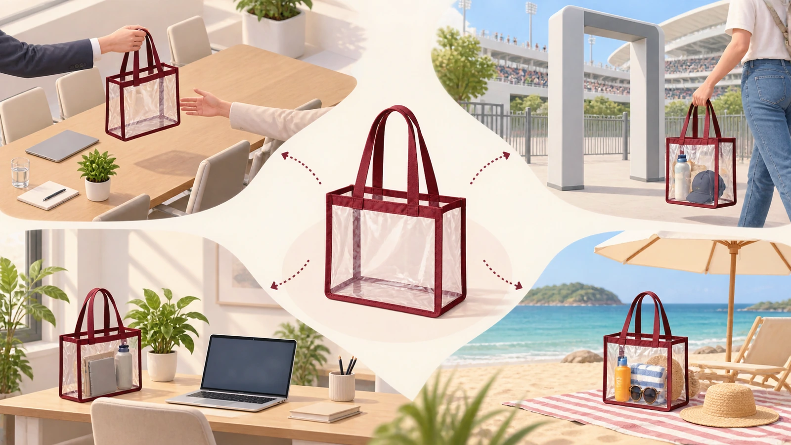 Ilustración de una misma bolsa de asas transparente que sigue flechas desde la entrega en un congreso hasta la puerta de un estadio, un escritorio de oficina y una playa, mostrando su reutilización después del evento