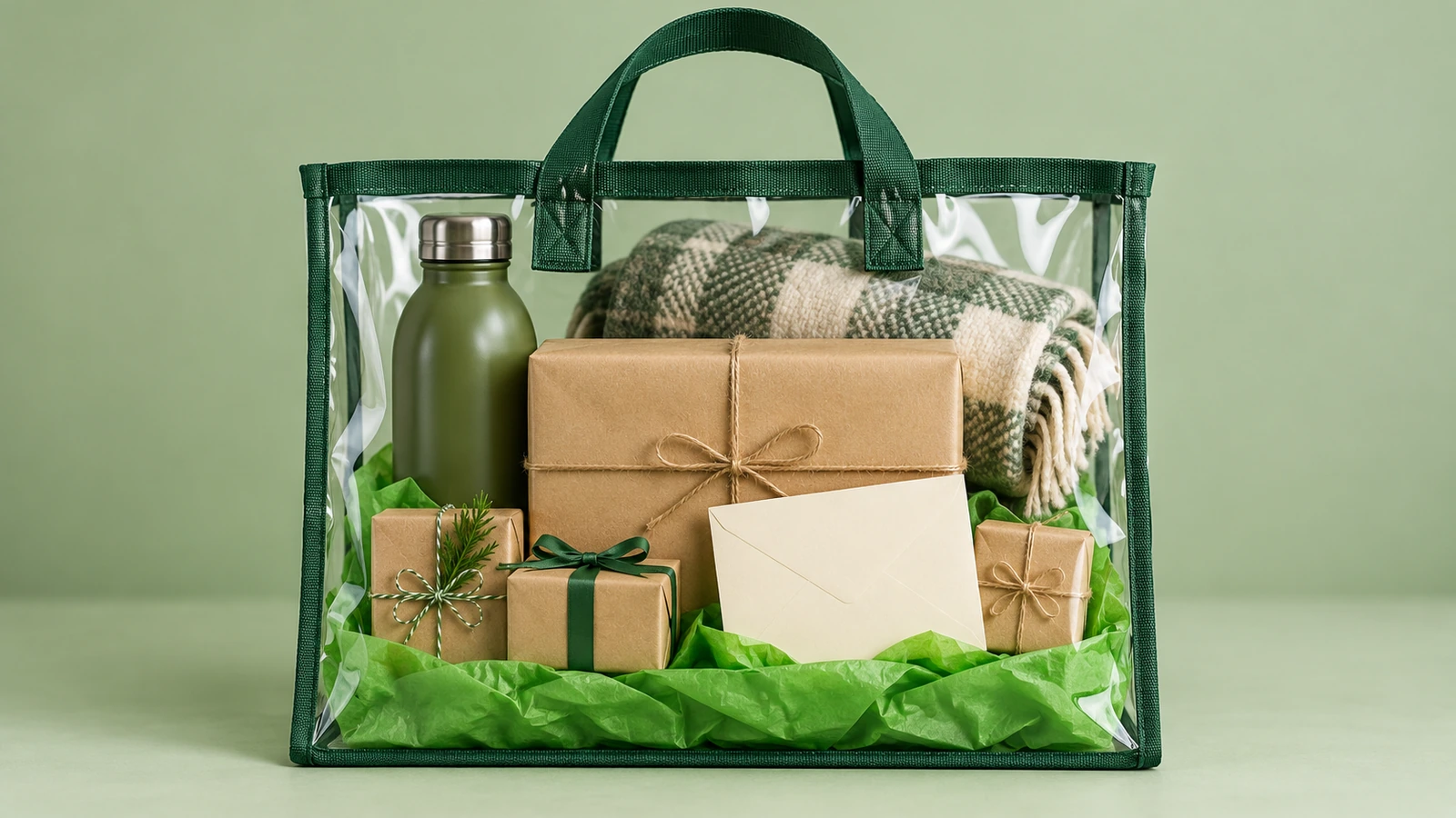Vista frontal de una bolsa de regalo transparente con artículos altos al fondo, un artículo estrella centrado al frente, papel de seda de color en la base y una tarjeta cerrada de cara al exterior