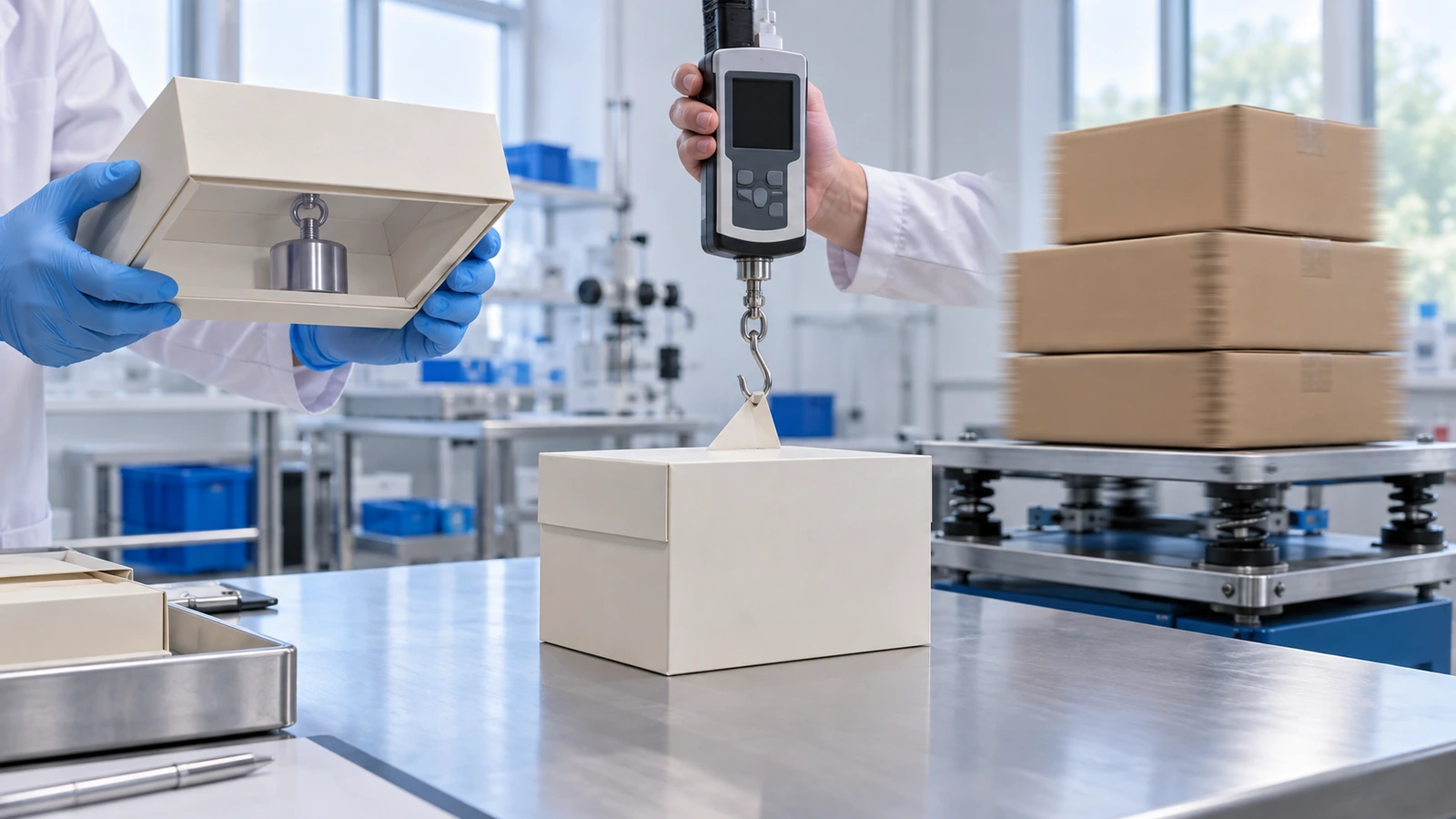 Escena de laboratorio que muestra una caja magnética cargada sostenida boca abajo con la tapa cerrada, junto a un dinamómetro manual que tira de una tapa para abrirla y una pila de cajas sobre una mesa de vibración