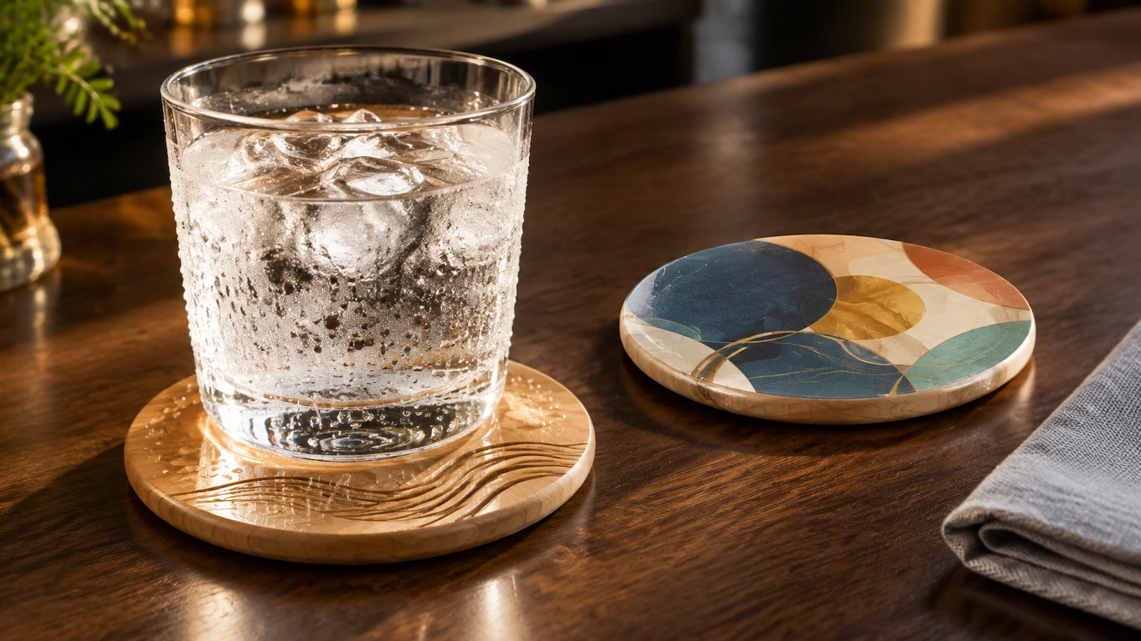 Vaso helado con condensación sobre un posavasos redondo de madera sellado, con gotas de agua en la superficie, que ilustra la tensión por humedad y abrasión en los acabados impresos frente a los grabados