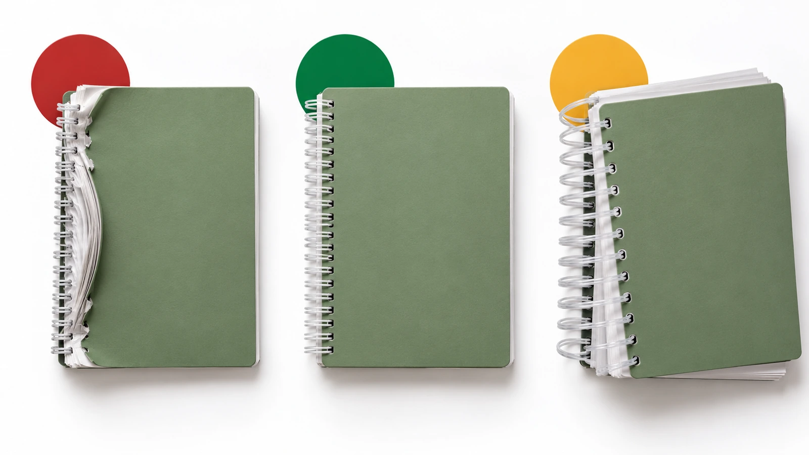 Tres cuadernos uno al lado del otro: uno con la espiral sobrecargada, otro con la espiral de tamaño correcto y otro con una espiral holgada y demasiado grande