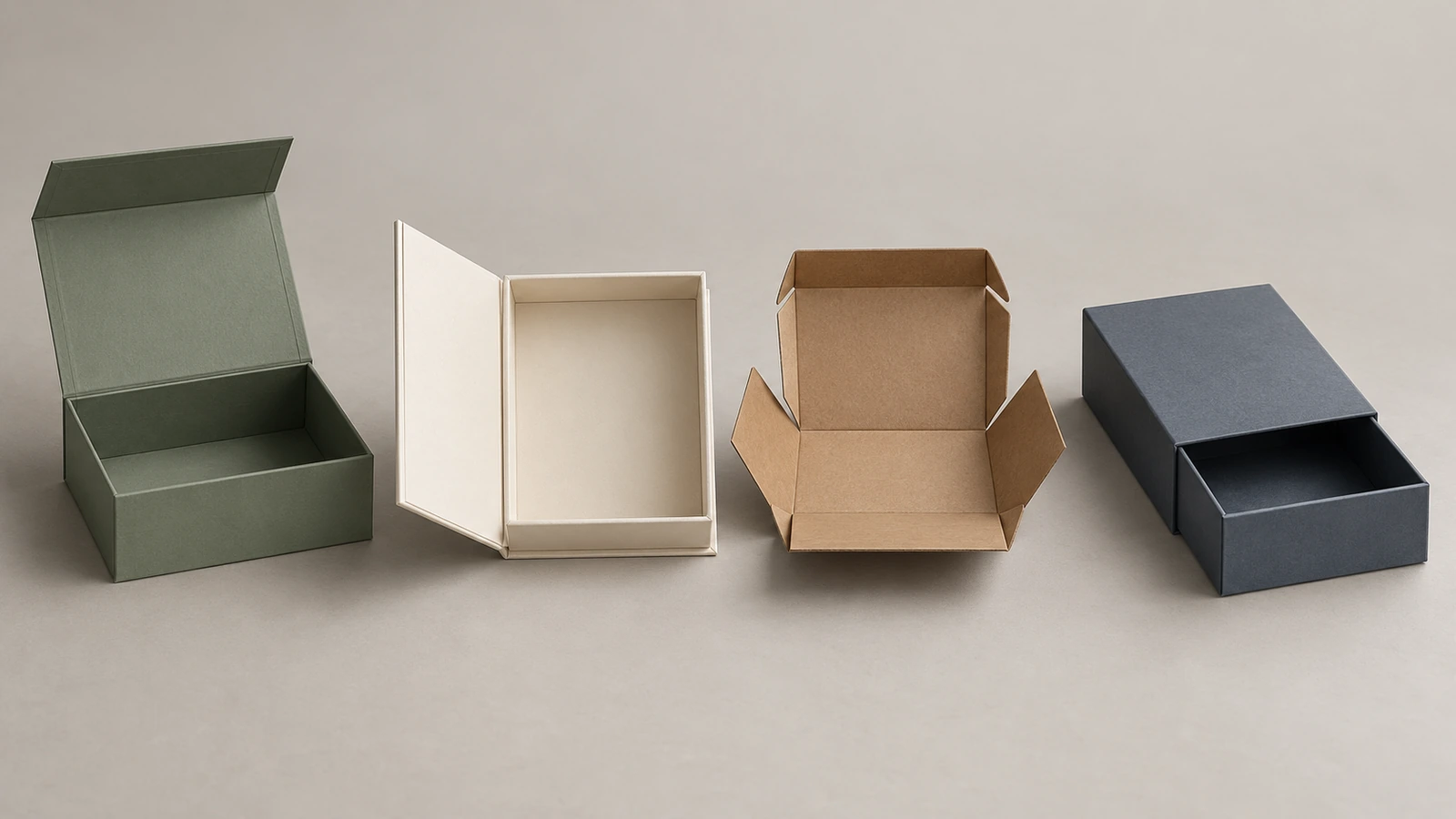 Cuatro cajas magnéticas en fila: una caja rígida de tapa abatible abierta, una caja tipo libro con la tapa abatida hacia atrás, una caja plegable plegada a medias y una caja de cajón con la bandeja medio extraída