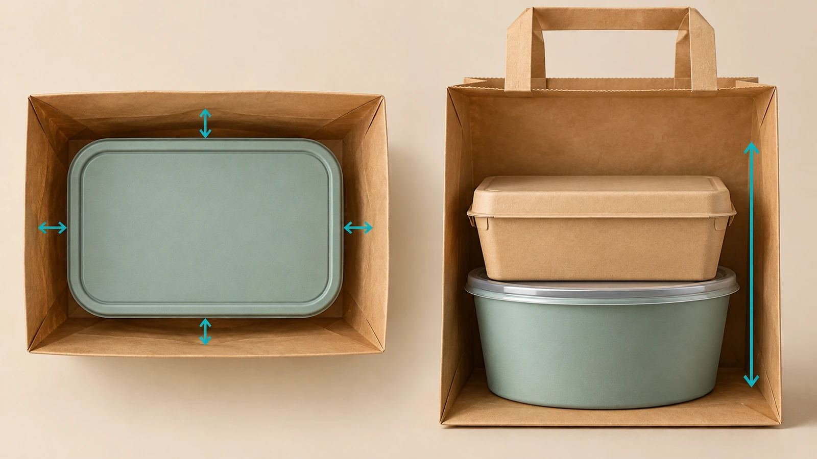 Vistas cenital y lateral de envases para llevar apilados dentro de una bolsa kraft de fondo plano, con flechas que muestran la huella del envase alineada con la base de la bolsa y la altura de apilado por debajo de la abertura de la bolsa