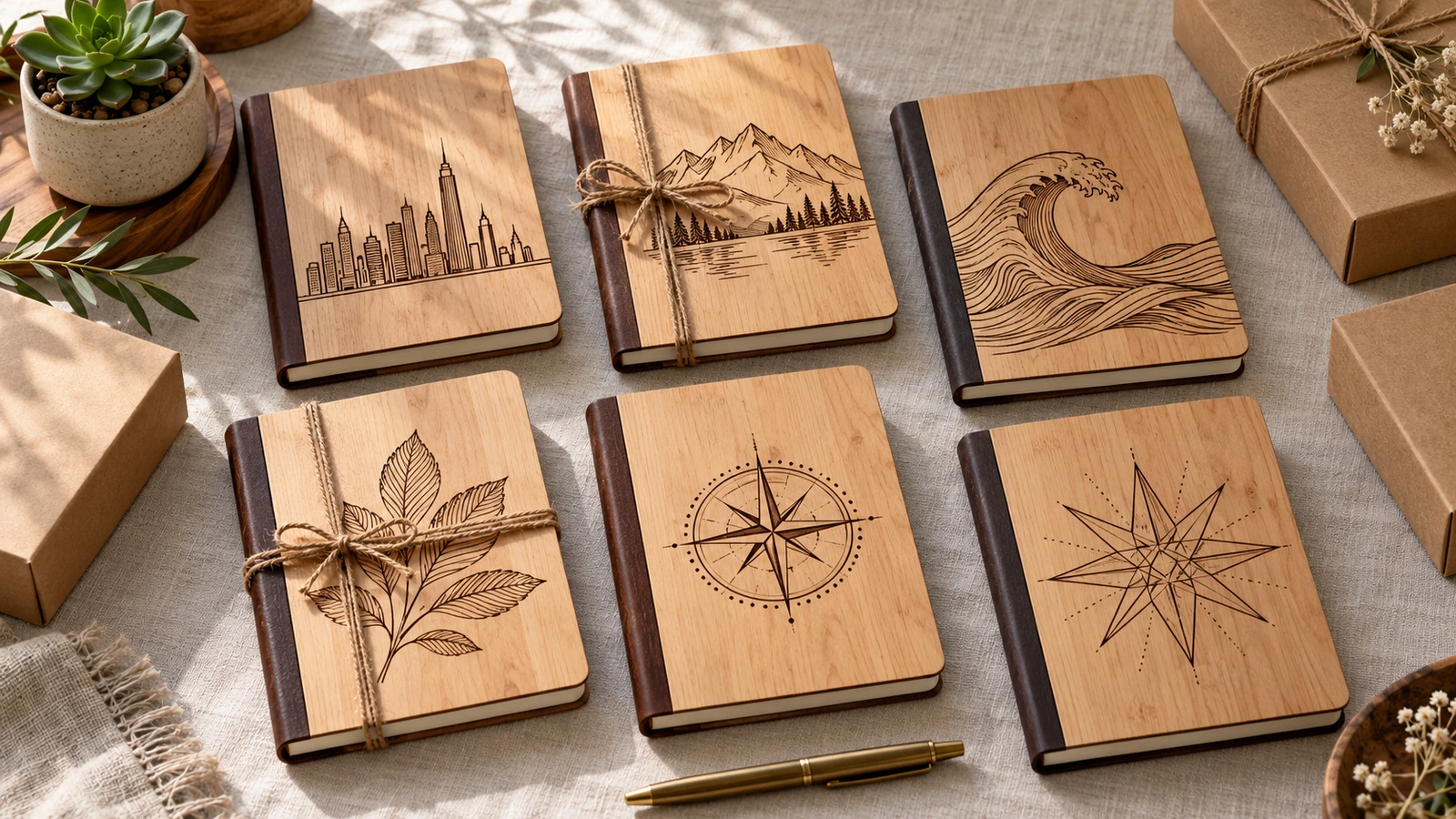 Vista cenital de varios diarios de madera con distintos motivos grabados, atados con una cinta natural sobre un escritorio, para un programa de regalos corporativos