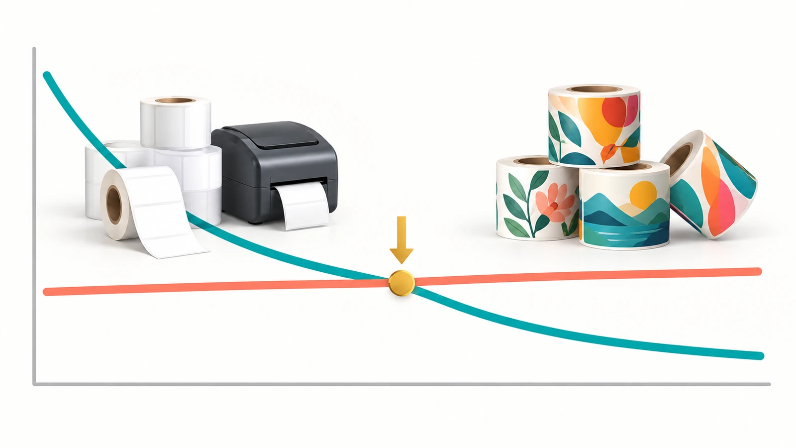 Gráfico abstracto con dos curvas que se cruzan: una desciende bruscamente a medida que aumenta el volumen por diseño y la otra se mantiene plana, con una flecha que señala el punto de cruce
