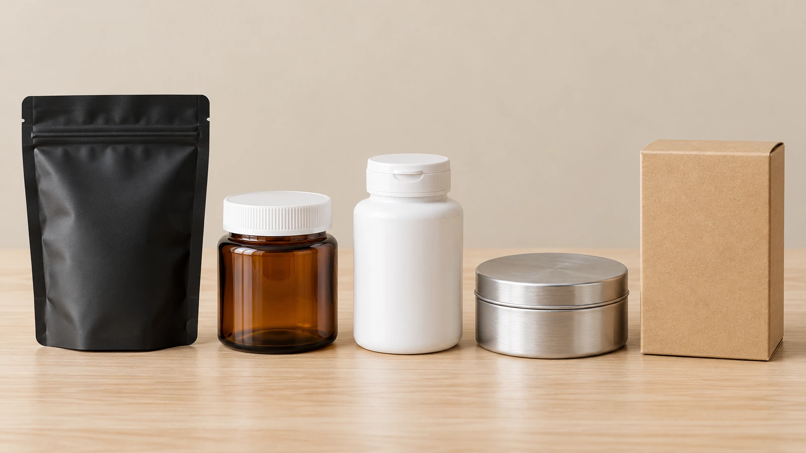 Comparativa en paralelo de una bolsa flexible, un frasco de vidrio, una botella de plástico, una lata metálica y una caja de cartón que representan las opciones de formato resistente a los niños