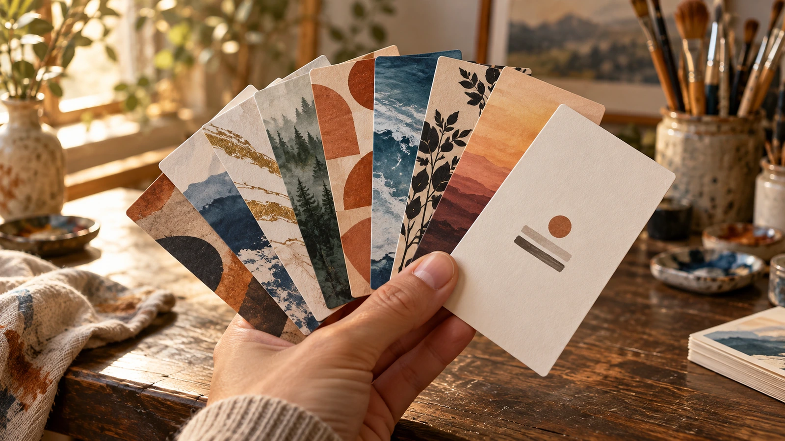 Abanico de tarjetas de visita creativas con un anverso minimalista común y una ilustración a sangre distinta en cada reverso