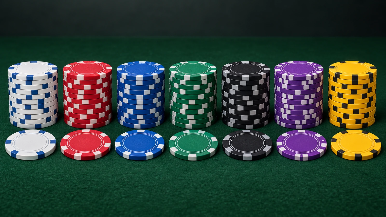Siete pilas de fichas de póker alineadas de la más clara a la más oscura, con los colores convencionales: blanco, rojo, azul, verde, negro, morado y amarillo