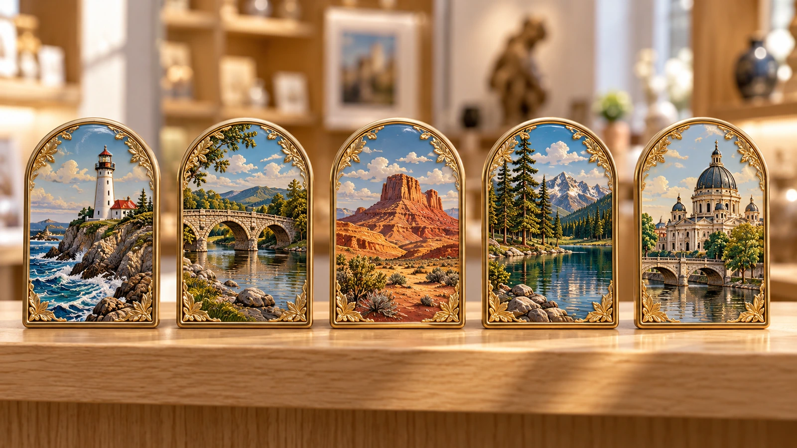 Hilera de imanes de acero estañado para refrigerador que comparten un mismo marco en relieve, cada uno con una escena de monumento distinta para una serie de recuerdos de destino