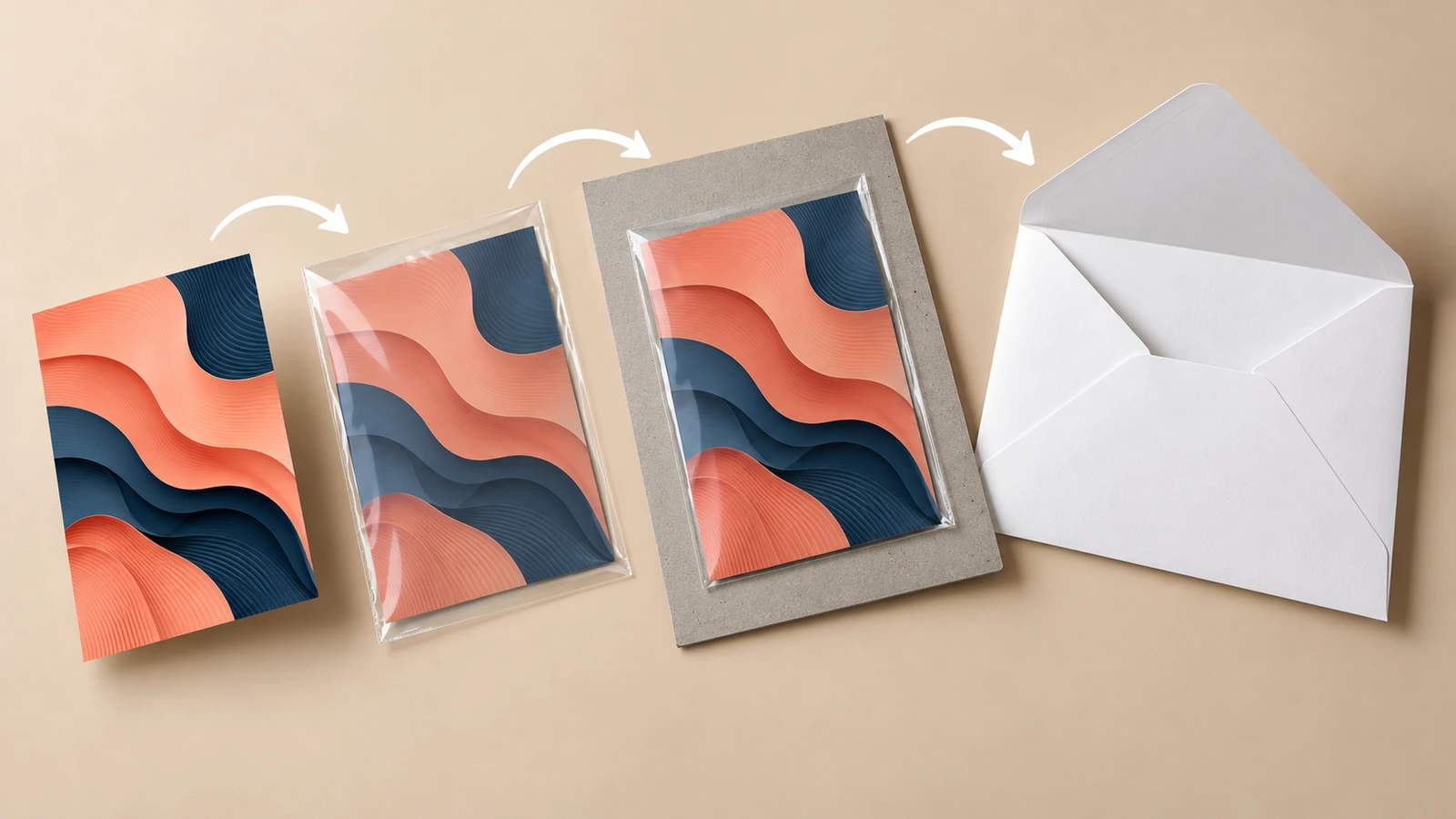 Sobre abierto que muestra una tarjeta lenticular protegida por una funda transparente y un cartón de refuerzo rígido, con flechas que indican la inserción