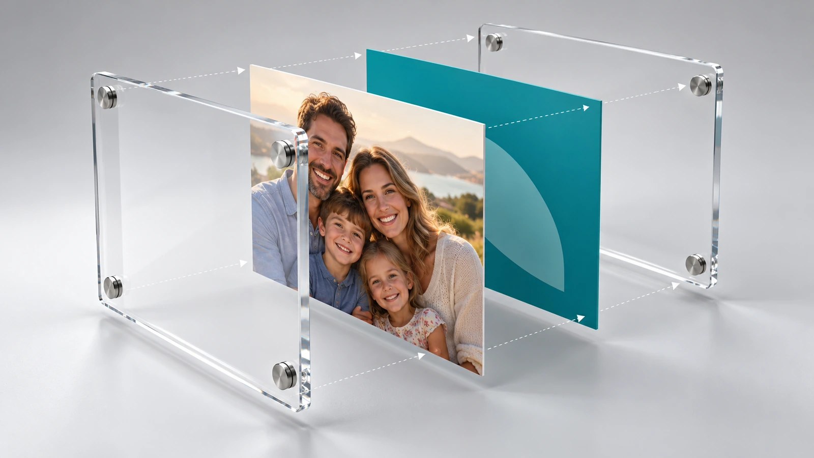 Ilustración desglosada de un marco magnético de acrílico de doble cara que muestra la foto frontal, una tarjeta de marca de color sólido detrás y los imanes de las esquinas que alinean los dos paneles transparentes