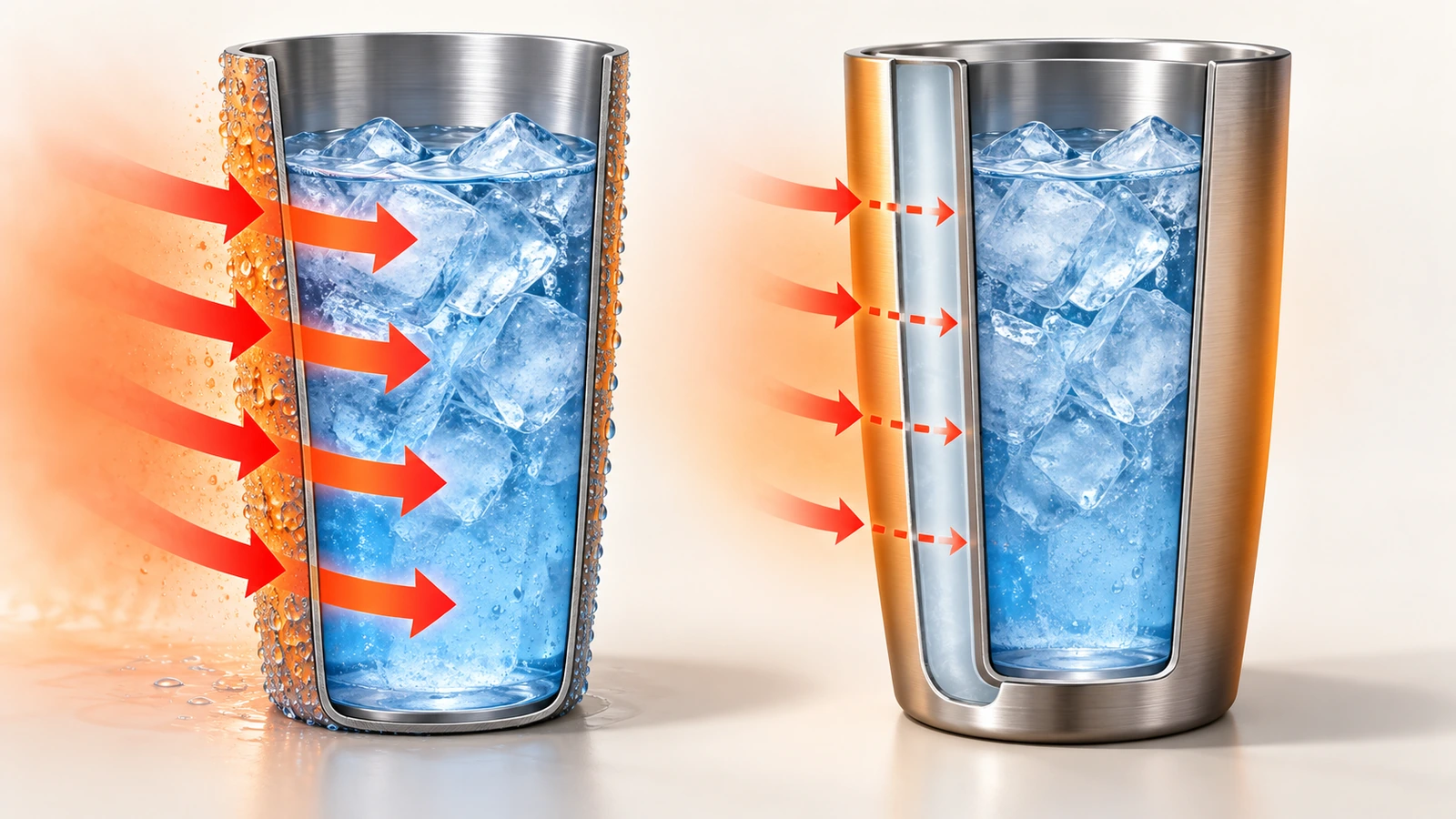 Vista lateral en corte de un vaso de plástico de pared simple cubierto de gotas de agua y de un vaso de plástico de doble pared con carcasa exterior seca, con flechas que muestran el flujo de calor ralentizado por la cámara de aire