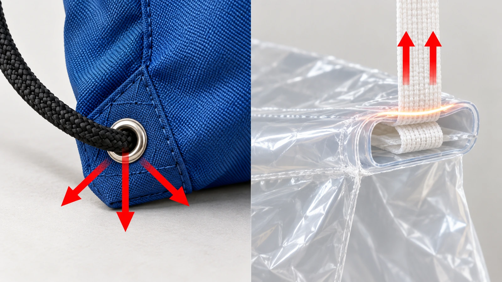 Ilustración en sección que compara la esquina cosida de una mochila con un ojal y el canal termosellado del dobladillo de una película con cinta de cierre, con flechas que indican dónde se concentra la carga
