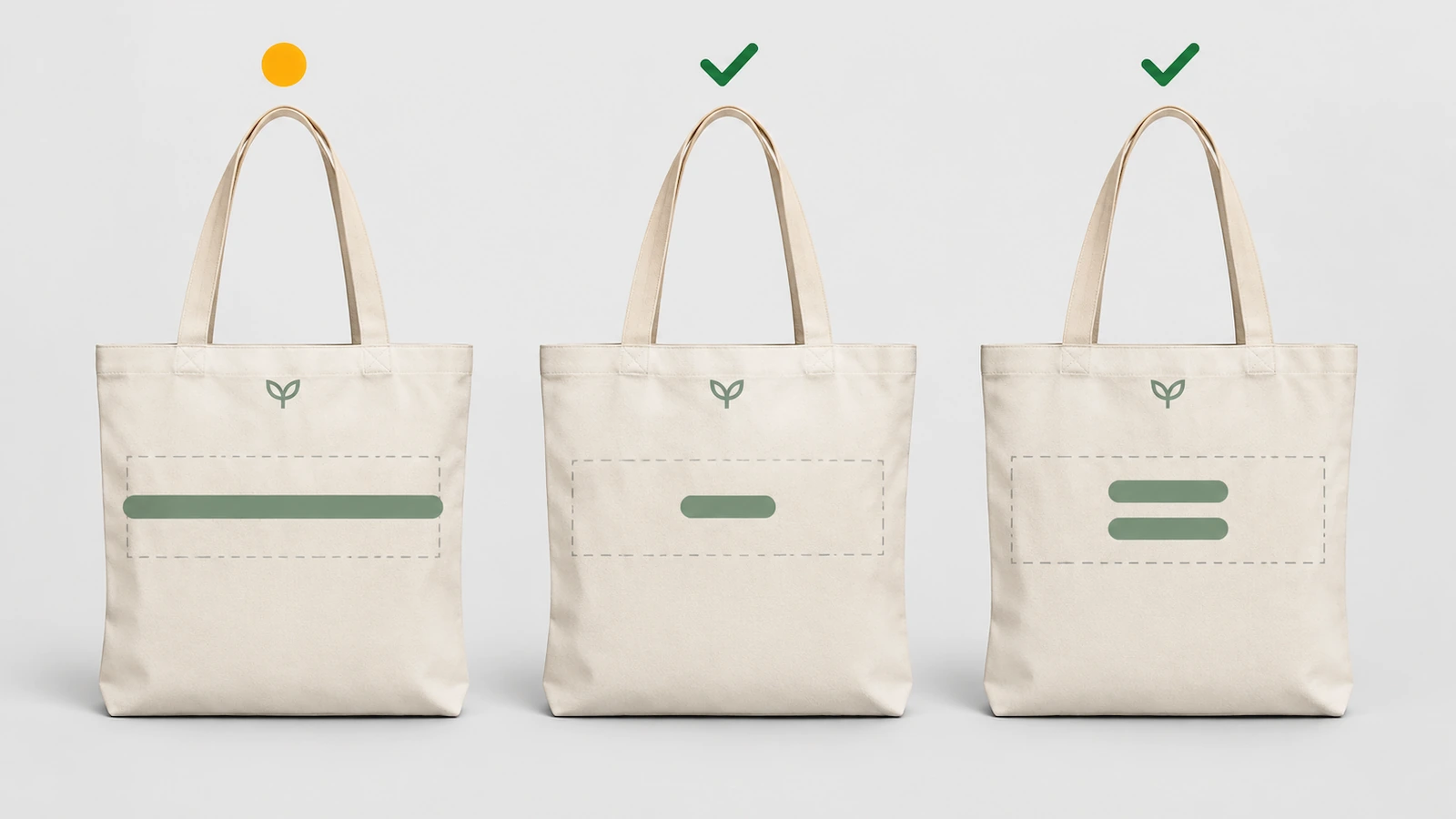 Tres maquetas de bolsas una junto a otra que muestran una banda de nombre muy larga, una muy corta y una de dos líneas para ilustrar las pruebas de casos límite
