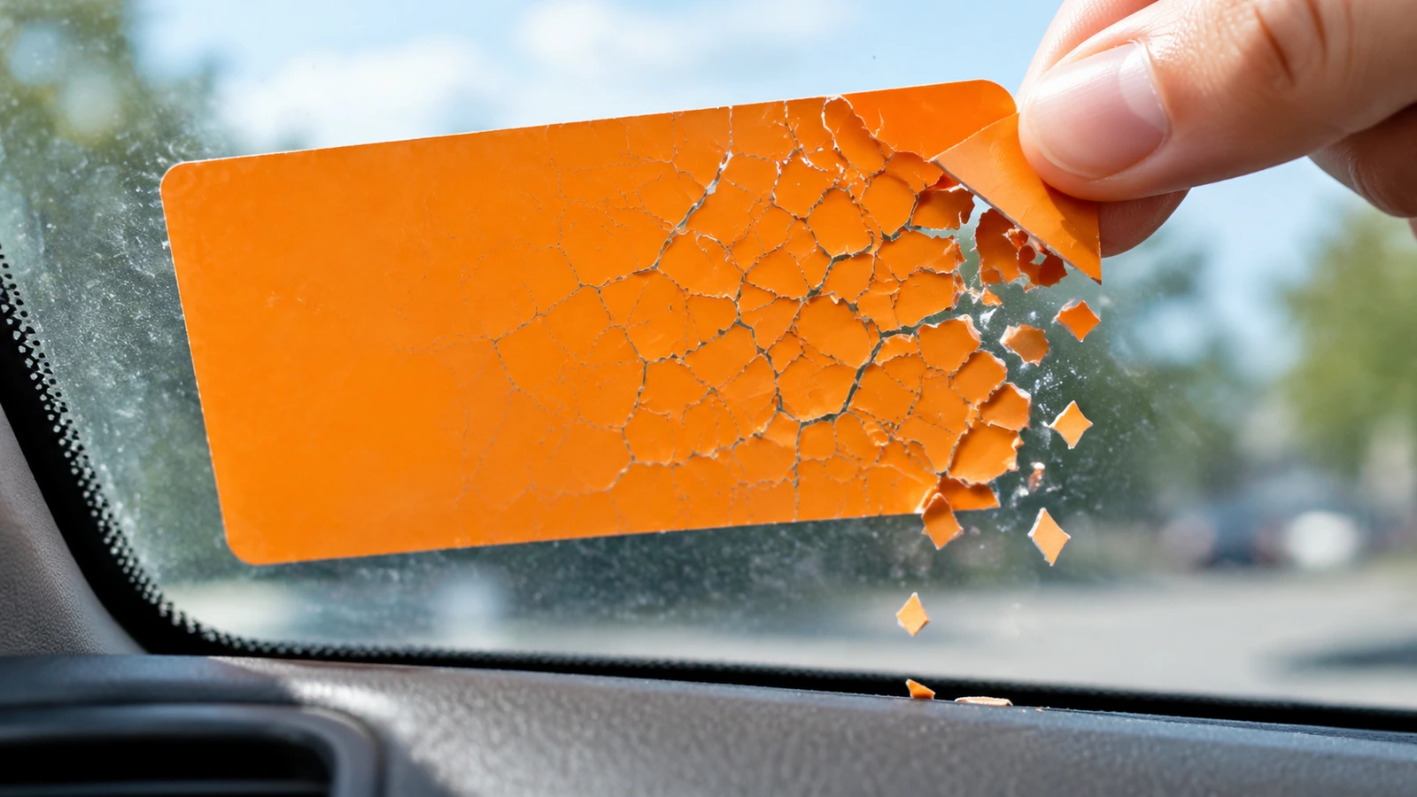 Primer plano de un permiso de estacionamiento destructible en el interior de un parabrisas que se rompe en pequeñas escamas cuando una yema de dedo levanta una esquina