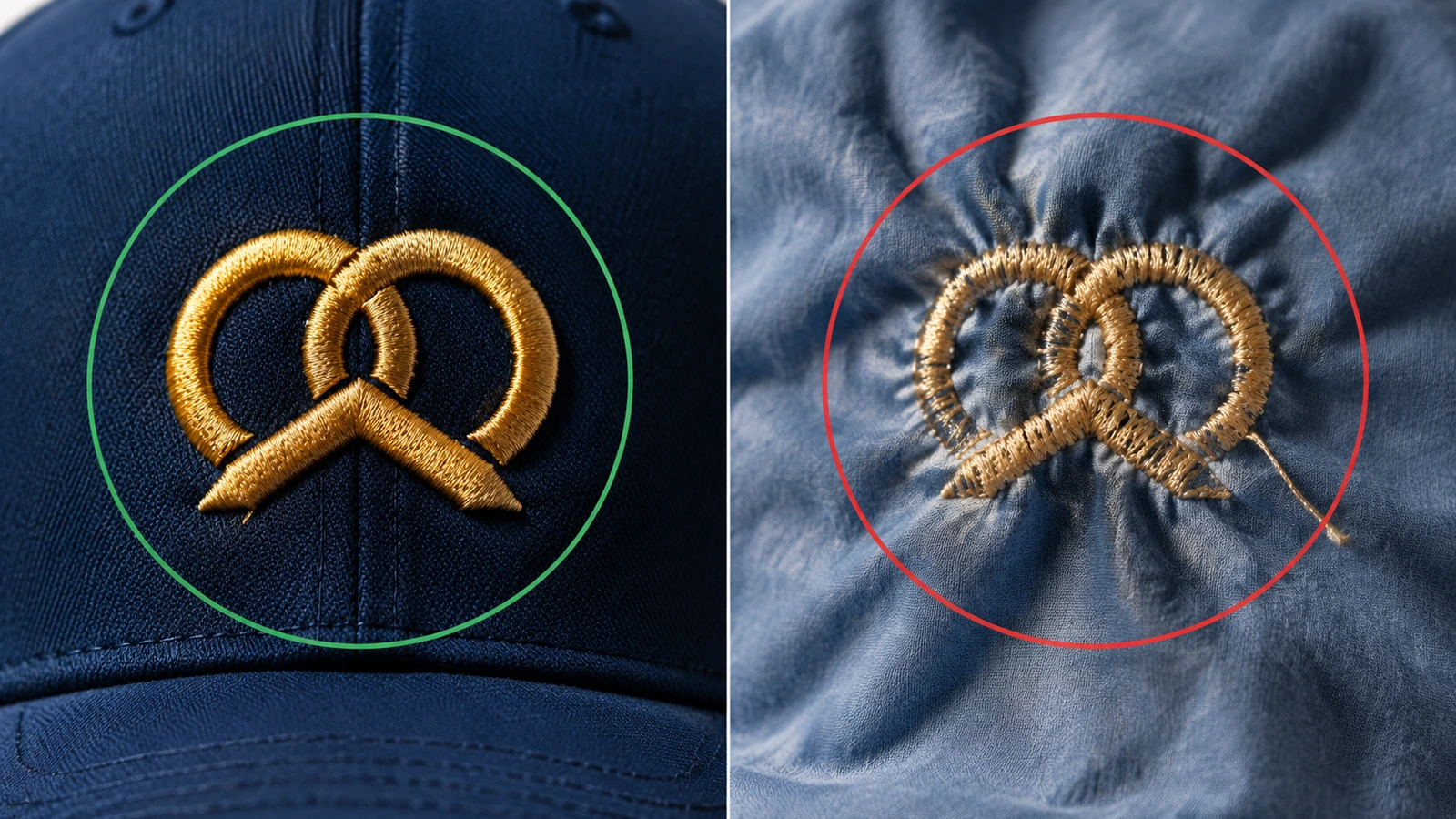 Comparación macro de un bordado de punto satén limpio y denso en el frontal de una gorra trucker estructurada junto a un bordado fruncido en un panel blando