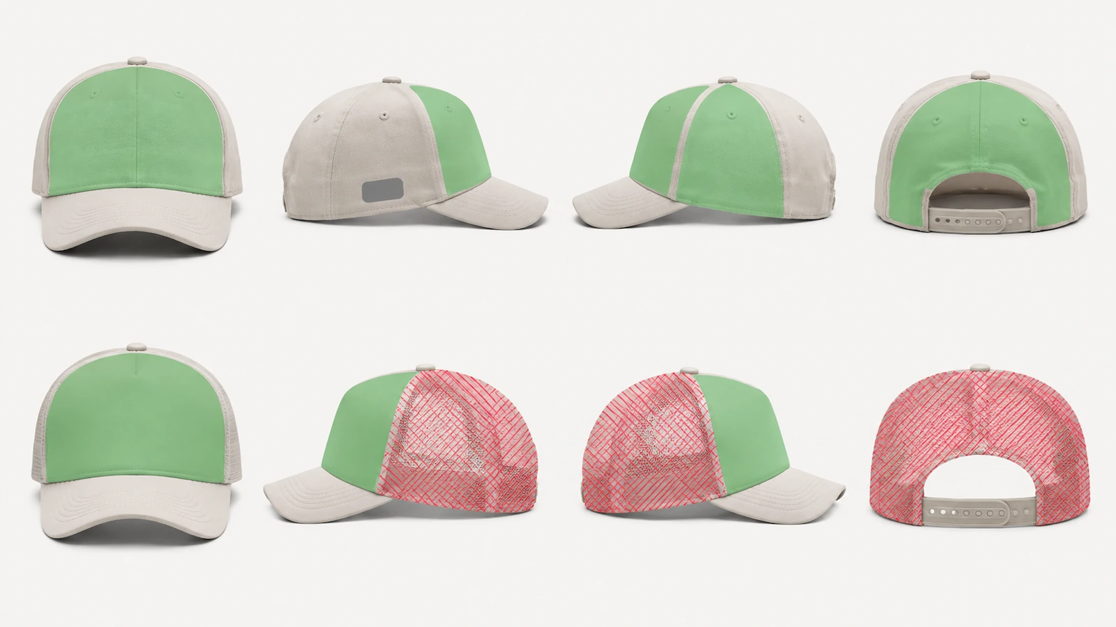 Dos gorras vistas de frente, de lado y por detrás, con zonas verdes que marcan las áreas de bordado libres, una zona gris que marca un panel lateral reservado y un rayado rojo que marca las zonas de malla que se deben evitar